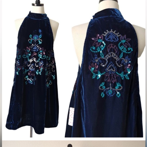 Free People Jill's Sequin Swing Mini Dress  Blue Combo XS NWT - Picture 4 of 9